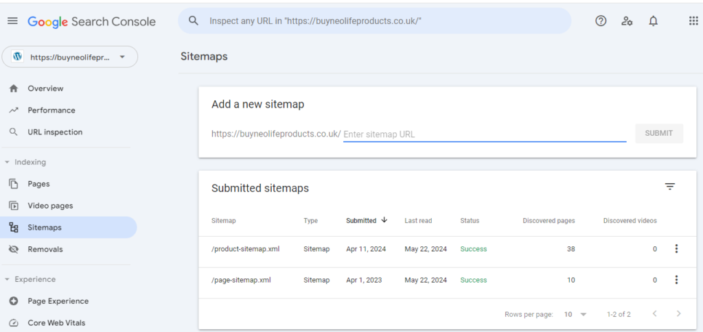 Google Search Console XML Sitemap Page